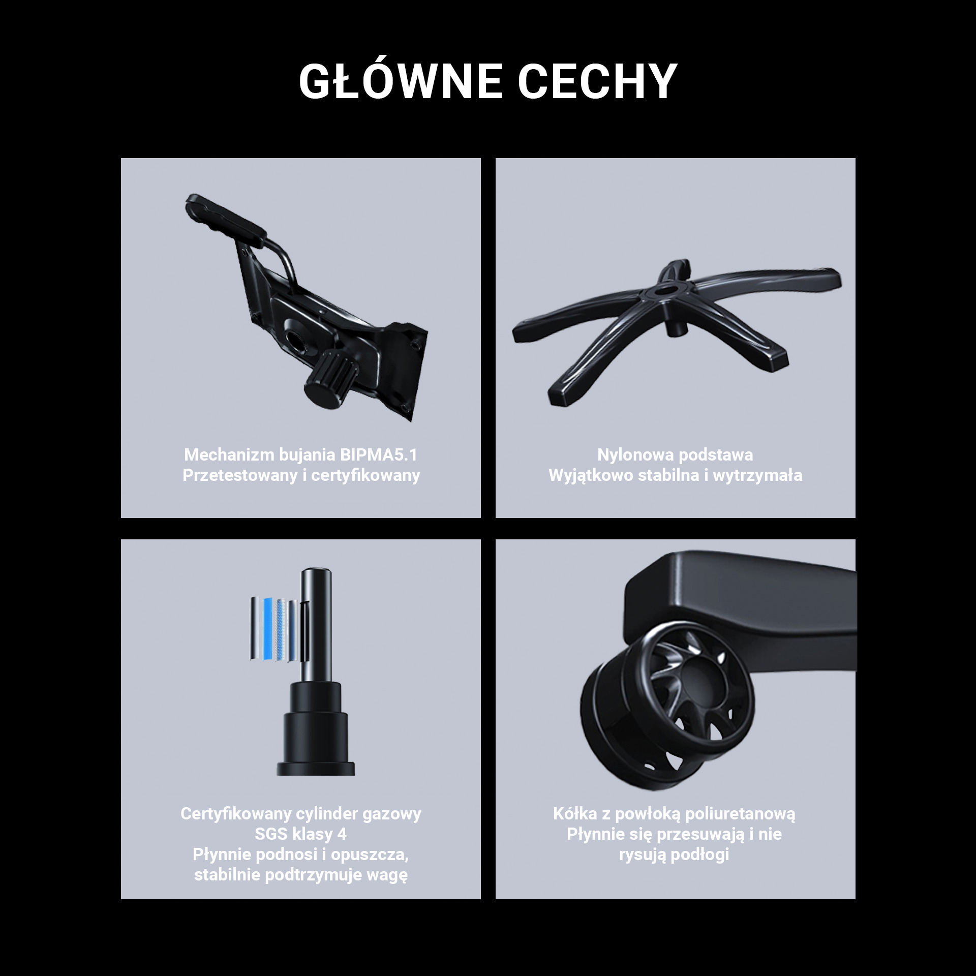 Główne cechy konstrukcji - podnośnik gazowy, podstawa i kółka poliuretanowe