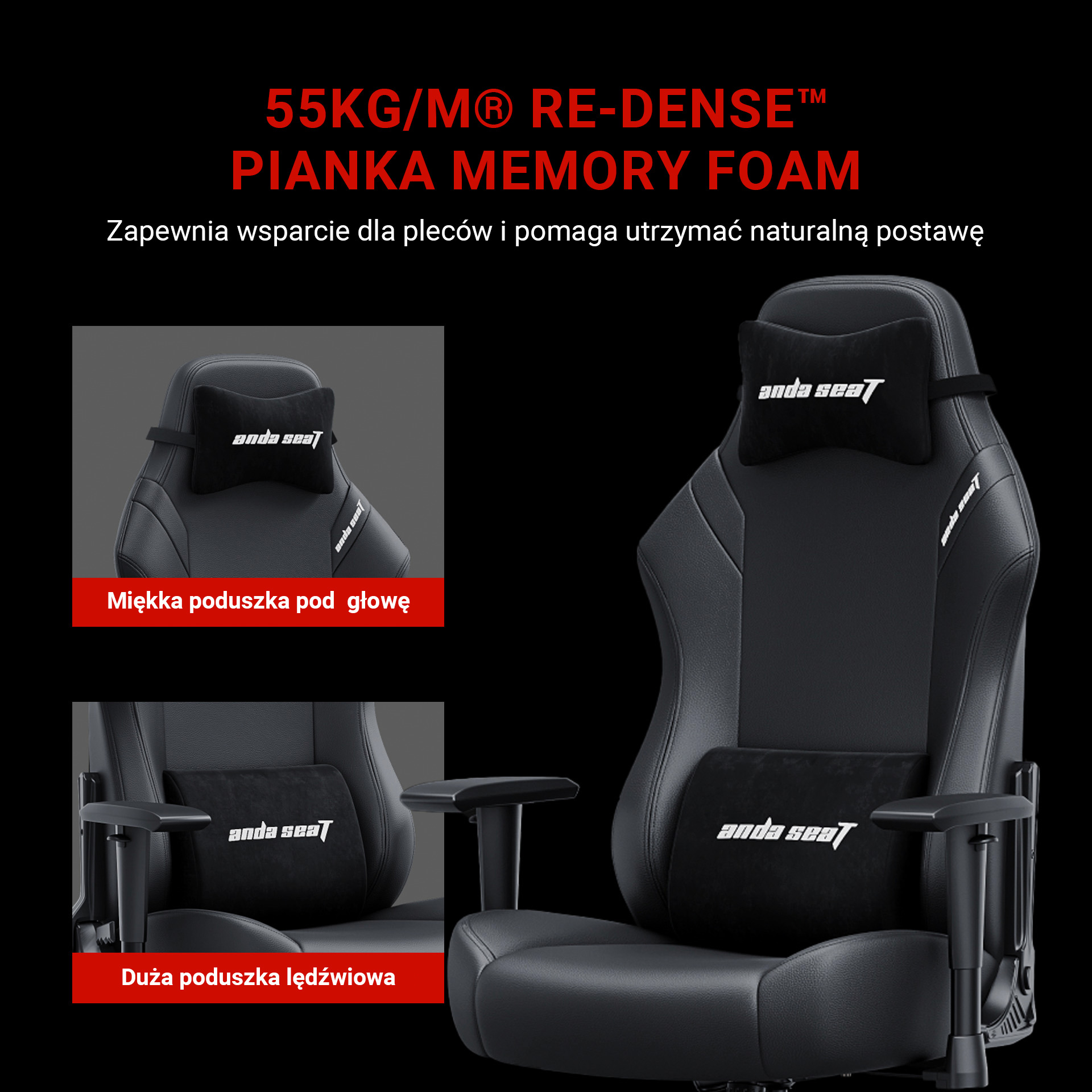 Wypełnienie z pianki Memory Foam i wygodne poduszki lędźwiowa oraz pod głowę