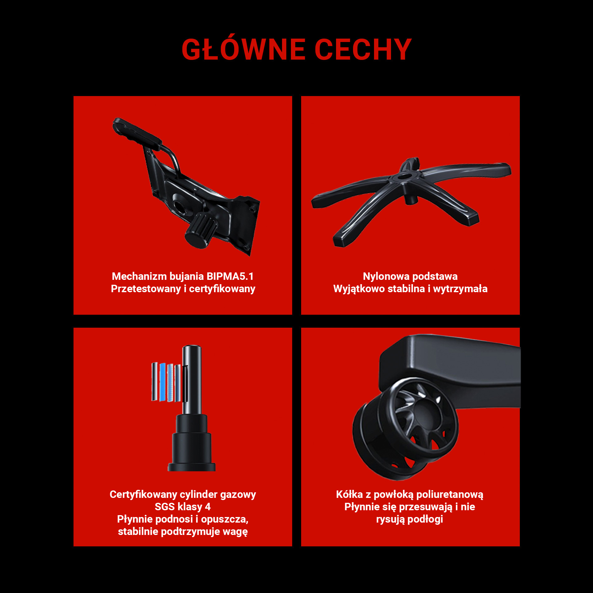 Główne cechy konstrukcji - podnośnik gazowy, podstawa i kółka poliuretanowe
