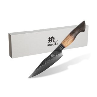 Nóż do krojenia małych i średnich produktów Shiori 撓 Homura Murō ze stali damasceńskiej, rekojeść z drewna dębowego z przypaloną rączką