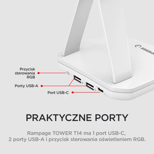 Stojak na słuchawki Rampage Tower T14 RGB  HUB USB White