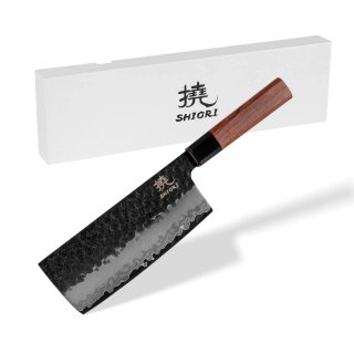 Tasak do precyzyjnego krojenia warzyw Shiori 撓 Mitsuki Nakiri wykonany z trzywarstwowej stali , rękojeść z rógu bawoła i drewna z sekwoi
