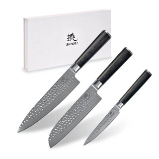 Zestaw 3 noży ze stali damsaceńskiej Shori 撓 Kuri Murō + Santoku + Sifu