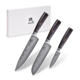 Zestaw noży kuchennych ze stali damasceńskiej Shiori 撓 Chairo Shōto, Santoku, Sifu